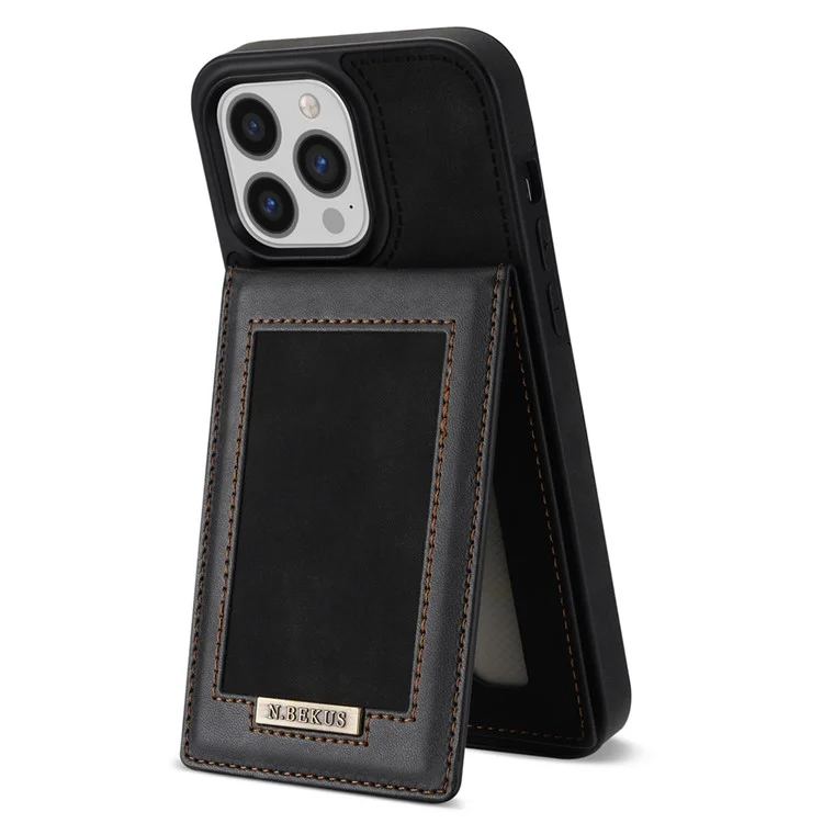 N.BEKUS Leather Coated TPU Case for iPhone 15 Pro Max , Card Holder RFID Blocking Phone Kickstand Cover - Black