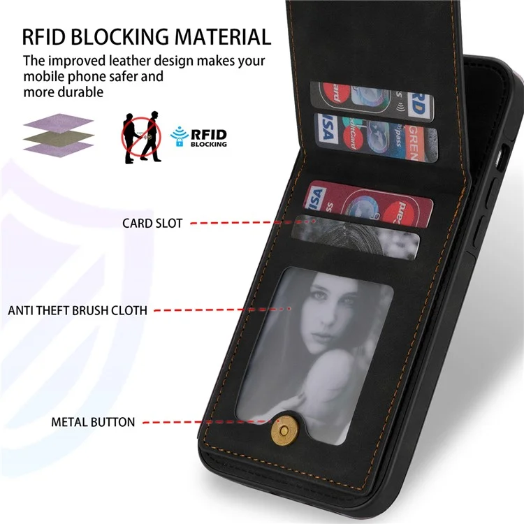 N.BEKUS Leather Coated TPU Case for iPhone 15 Pro Max , Card Holder RFID Blocking Phone Kickstand Cover - Black