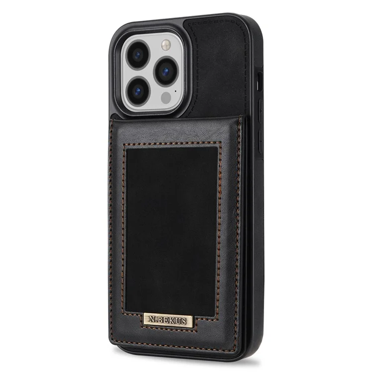 N.BEKUS Leather Coated TPU Case for iPhone 15 Pro Max , Card Holder RFID Blocking Phone Kickstand Cover - Black
