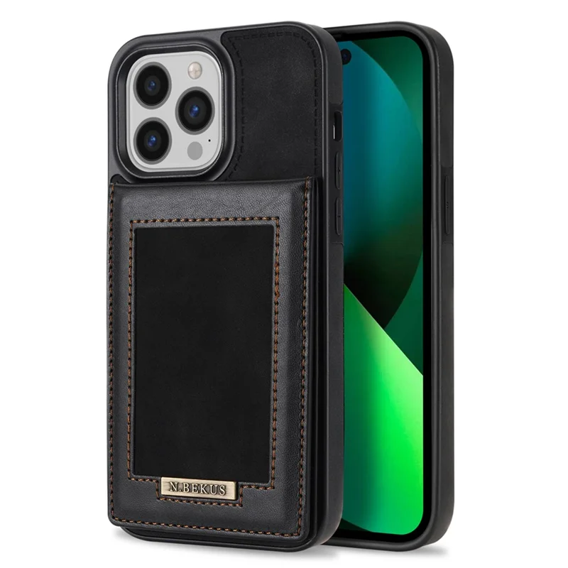 N.BEKUS Kickstand Case für iPhone 15 Pro, RFID-blockierender Kartenhalter aus Leder beschichtetes TPU-Handyhülle - Schwarz