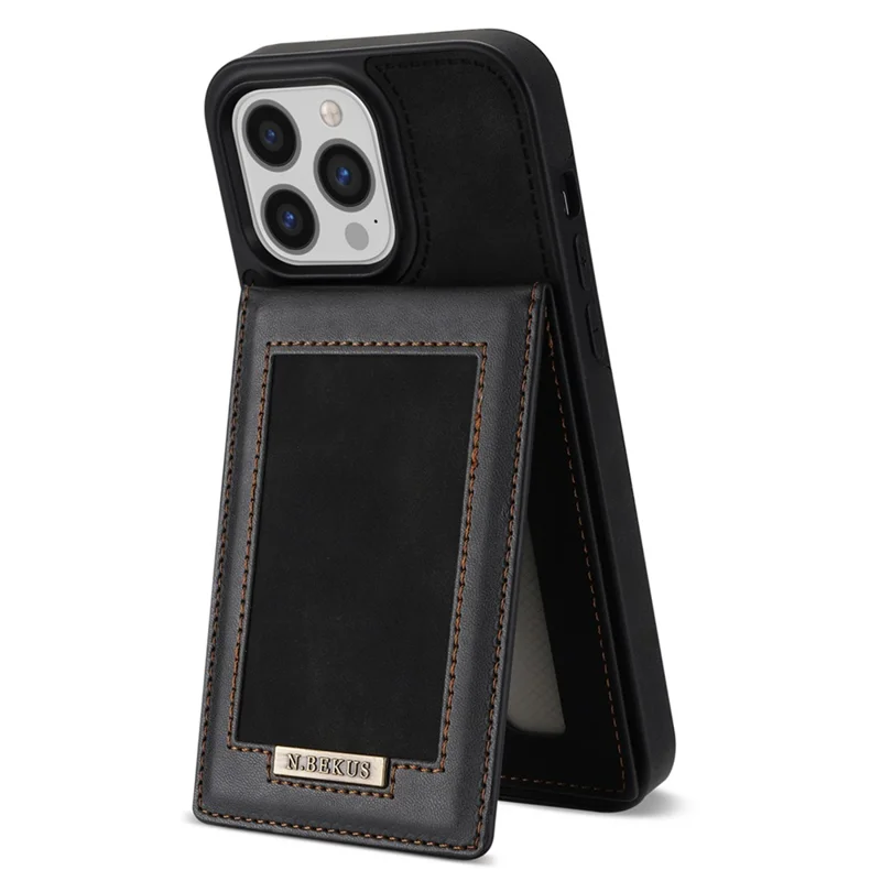 N.BEKUS Kickstand Case für iPhone 15 Pro, RFID-blockierender Kartenhalter aus Leder beschichtetes TPU-Handyhülle - Schwarz