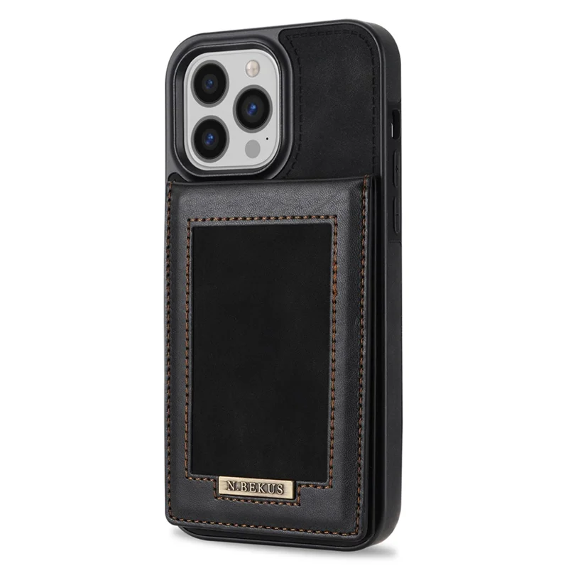 N.BEKUS Kickstand Case für iPhone 15 Pro, RFID-blockierender Kartenhalter aus Leder beschichtetes TPU-Handyhülle - Schwarz