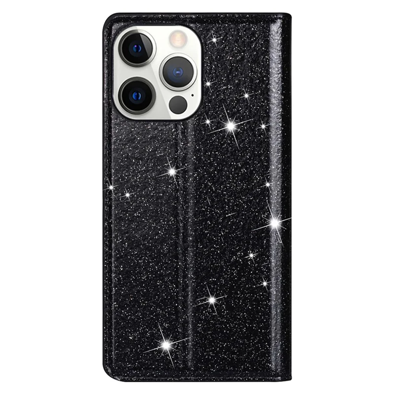 Para iPhone 15 Pro Glitter Phone Case Card Holder Stand PU Leather Protective Phone Cover - Black