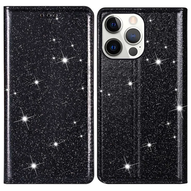 For iPhone 15 Pro Max Card Holder Phone Cover Glitter PU Leather Stand Smartphone Case - Black