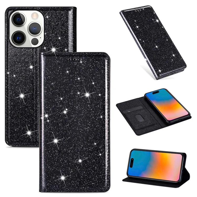 For iPhone 15 Pro Max Card Holder Phone Cover Glitter PU Leather Stand Smartphone Case - Black