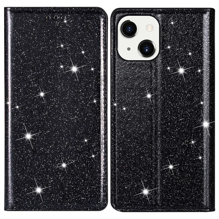 For iPhone 15 Plus Card Holder Phone Leather Case Full Protection Stand Glitter Phone Cover - Black