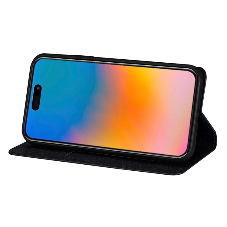 For iPhone 15 Plus Card Holder Phone Leather Case Full Protection Stand Glitter Phone Cover - Black