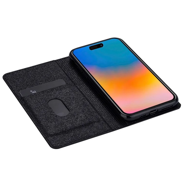 For iPhone 15 Plus Card Holder Phone Leather Case Full Protection Stand Glitter Phone Cover - Black