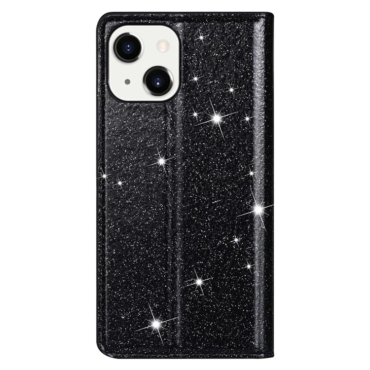 For iPhone 15 Plus Card Holder Phone Leather Case Full Protection Stand Glitter Phone Cover - Black