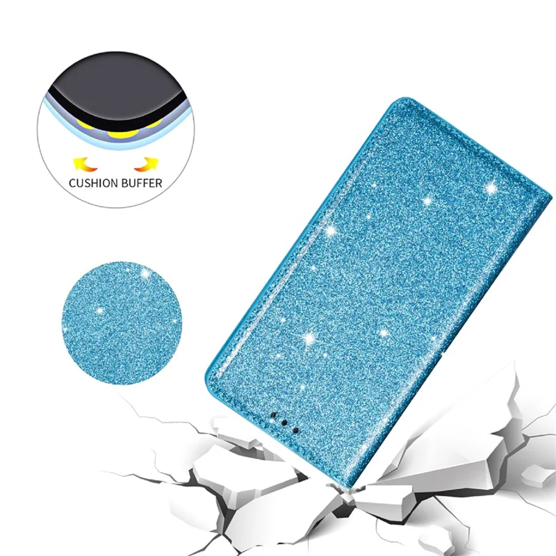 For iPhone 15 Plus Card Holder Phone Leather Case Full Protection Stand Glitter Phone Cover - Blue