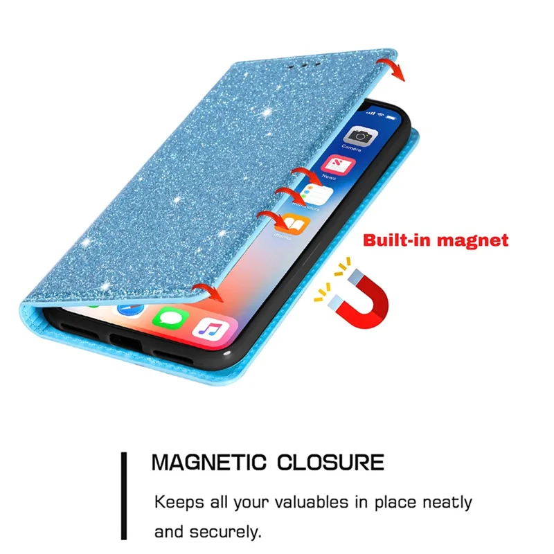 For iPhone 15 Plus Card Holder Phone Leather Case Full Protection Stand Glitter Phone Cover - Blue