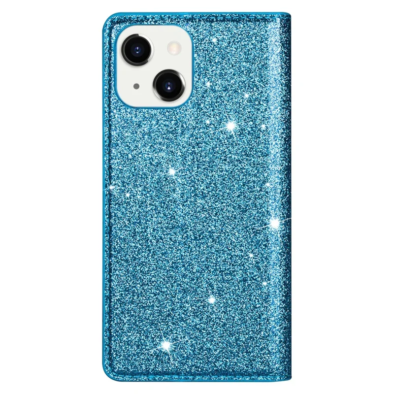 For iPhone 15 Plus Card Holder Phone Leather Case Full Protection Stand Glitter Phone Cover - Blue