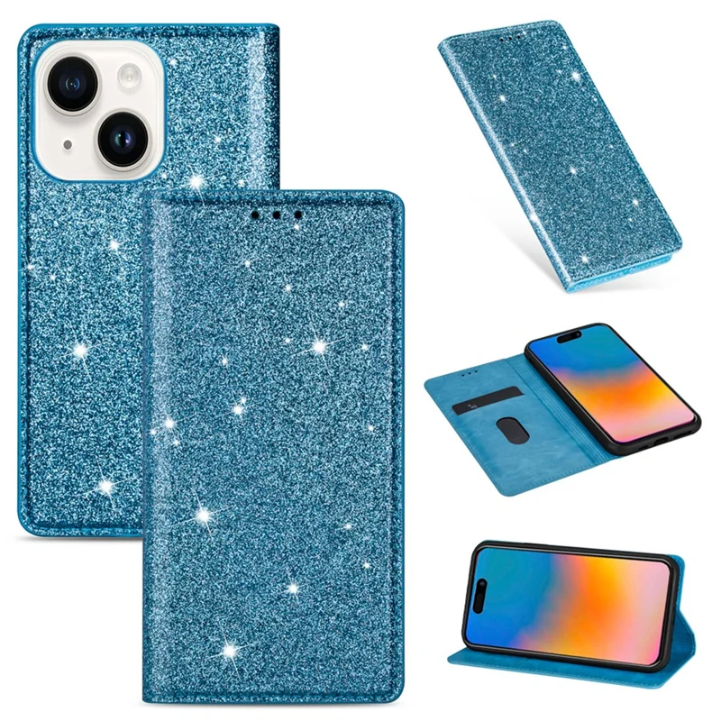 For iPhone 15 Plus Card Holder Phone Leather Case Full Protection Stand Glitter Phone Cover - Blue