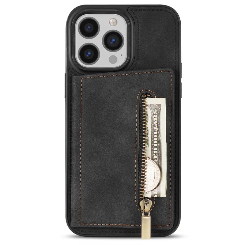 Para iPhone 15 Pro Max Zipper Pocket Phone Case Kickstand Wallet PU Leather Coated TPU Cover - Preto