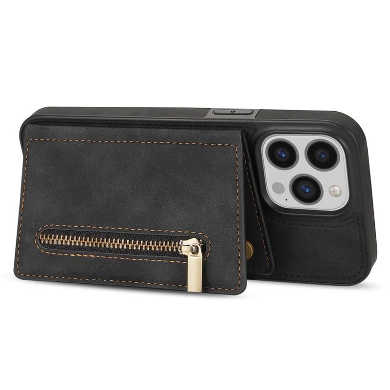 Para iPhone 15 Pro Max Zipper Pocket Phone Case Kickstand Wallet PU Leather Coated TPU Cover - Preto