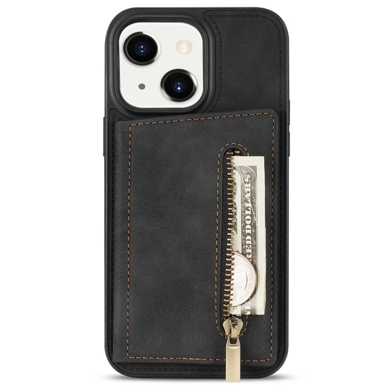 Zipper Pocket Leather Coated TPU Case for iPhone 15 , Kickstand Wallet Cell Phone Cover - Black