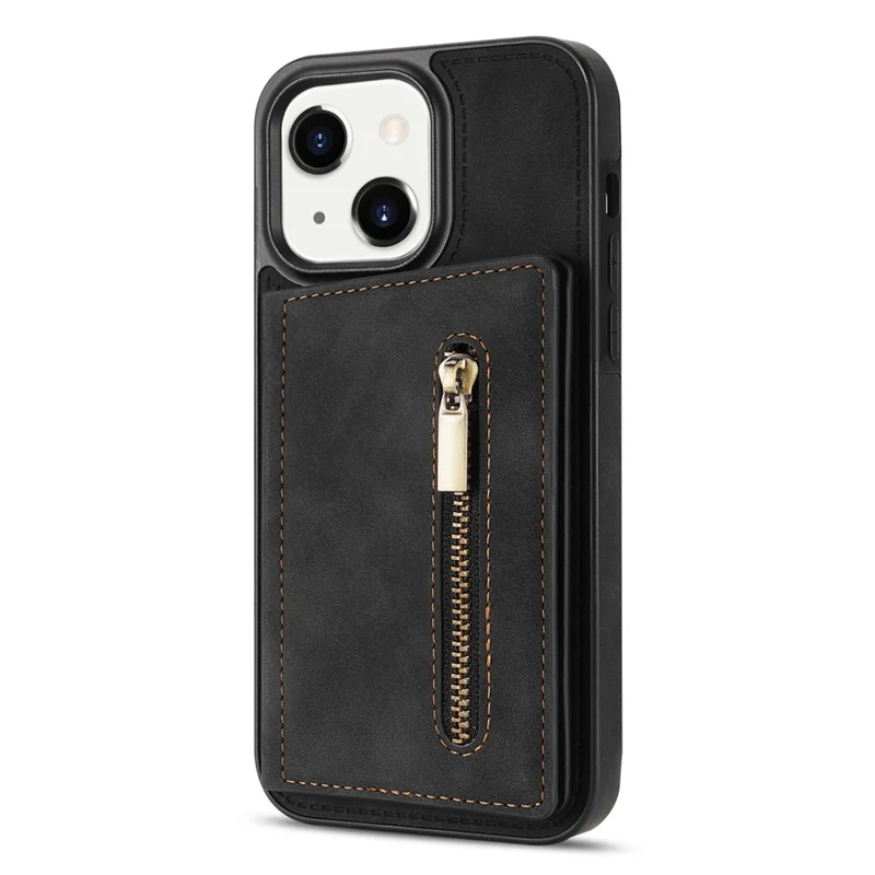 Zipper Pocket Leather Coated TPU Case for iPhone 15 , Kickstand Wallet Cell Phone Cover - Black