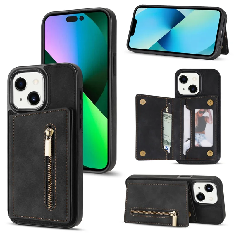 Zipper Pocket Leather Coated TPU Case for iPhone 15 , Kickstand Wallet Cell Phone Cover - Black