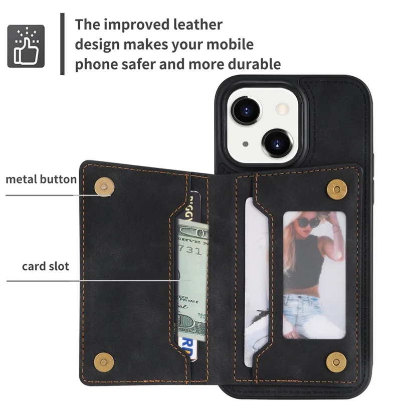 Zipper Pocket Leather Coated TPU Case for iPhone 15 , Kickstand Wallet Cell Phone Cover - Black
