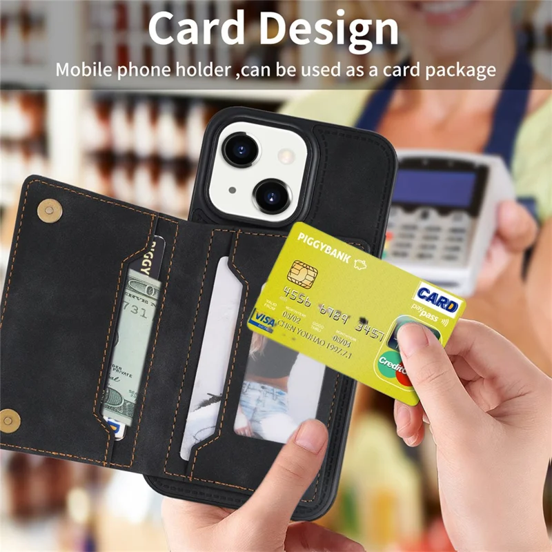 Zipper Pocket Leather Coated TPU Case for iPhone 15 , Kickstand Wallet Cell Phone Cover - Black