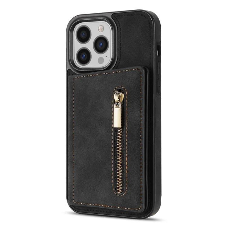 Pour iPhone 15 Pro Wallet Zipper Pocket Case PU Leather Coated TPU Kickstand Phone Cover - Black