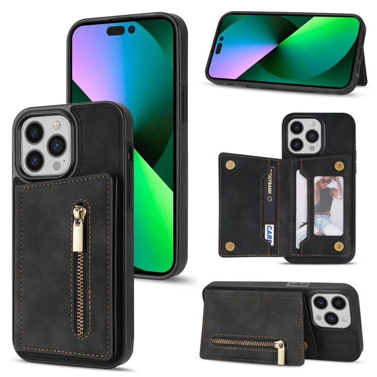 Pour iPhone 15 Pro Wallet Zipper Pocket Case PU Leather Coated TPU Kickstand Phone Cover - Black