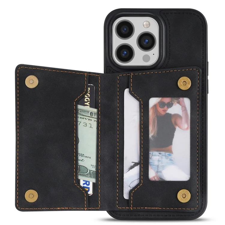 Pour iPhone 15 Pro Wallet Zipper Pocket Case PU Leather Coated TPU Kickstand Phone Cover - Black