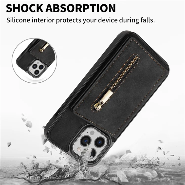 Pour iPhone 15 Pro Wallet Zipper Pocket Case PU Leather Coated TPU Kickstand Phone Cover - Black