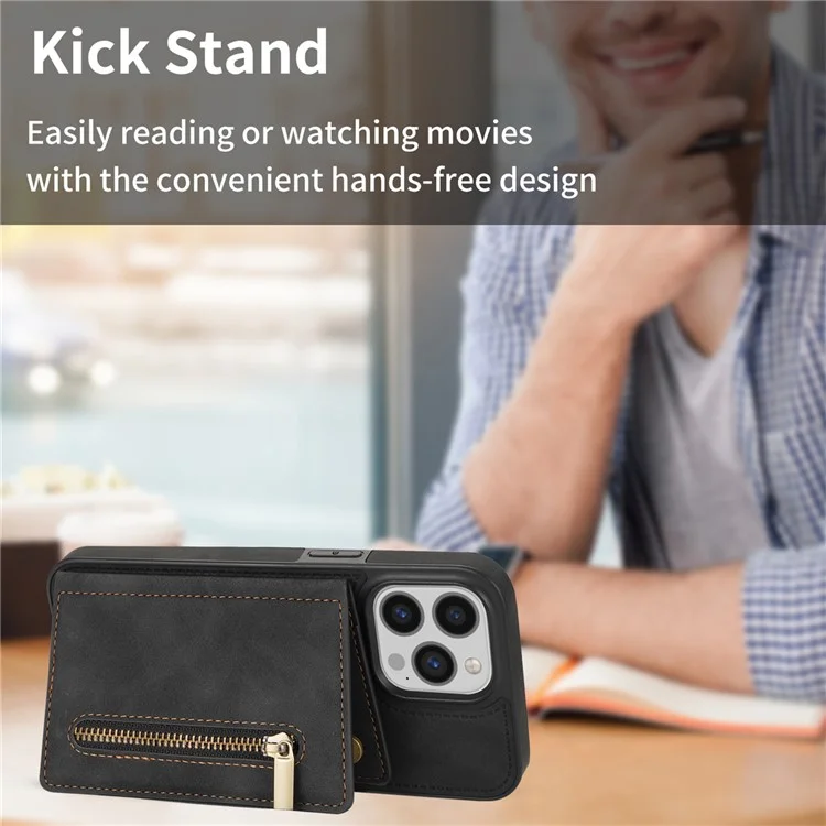 Pour iPhone 15 Pro Wallet Zipper Pocket Case PU Leather Coated TPU Kickstand Phone Cover - Black