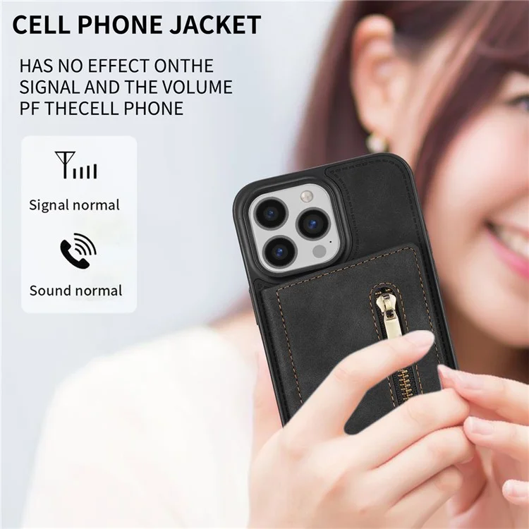 Pour iPhone 15 Pro Wallet Zipper Pocket Case PU Leather Coated TPU Kickstand Phone Cover - Black
