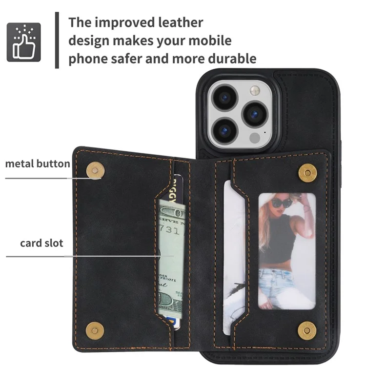 Pour iPhone 15 Pro Wallet Zipper Pocket Case PU Leather Coated TPU Kickstand Phone Cover - Black