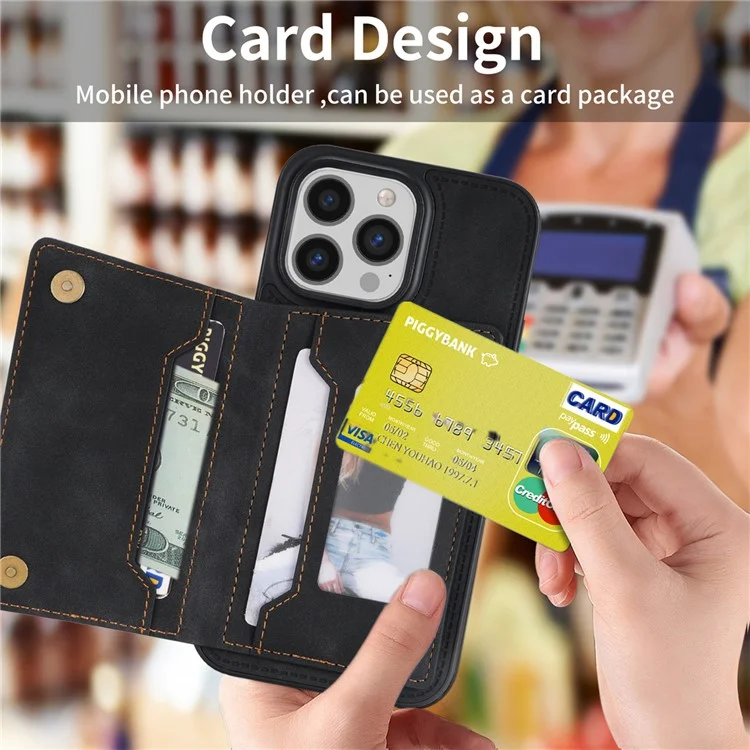 Pour iPhone 15 Pro Wallet Zipper Pocket Case PU Leather Coated TPU Kickstand Phone Cover - Black