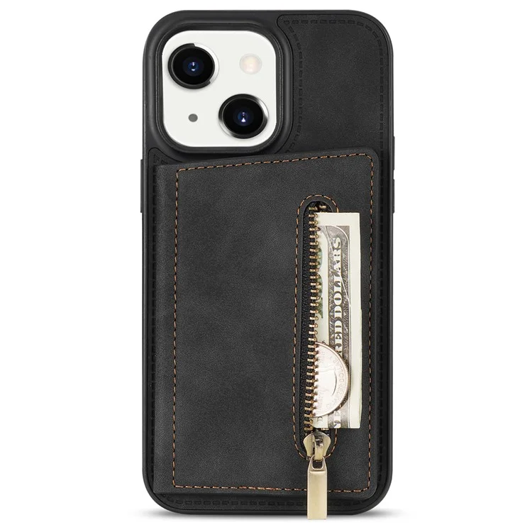 Para iPhone 15 Plus Zipper Pocket Leather Coated TPU Phone Case Wallet Phone Kickstand Cover - Preto