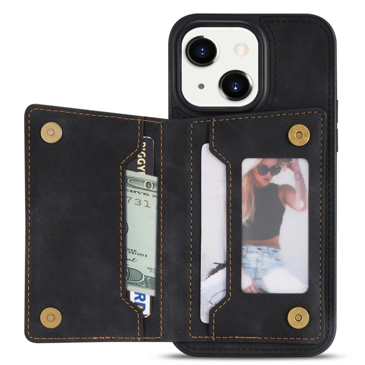 Para iPhone 15 Plus Zipper Pocket Leather Coated TPU Phone Case Wallet Phone Kickstand Cover - Preto