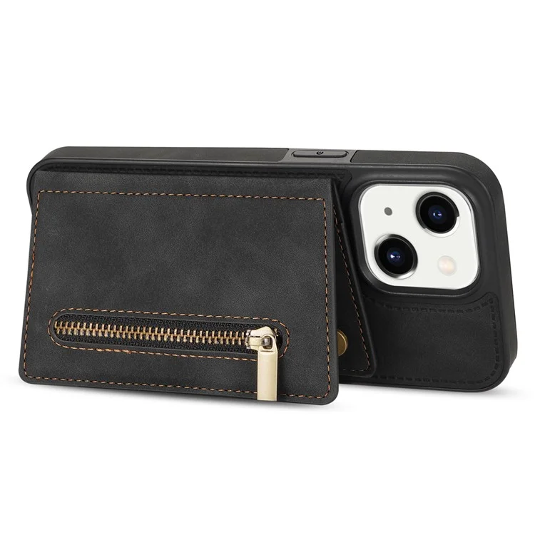 Para iPhone 15 Plus Zipper Pocket Leather Coated TPU Phone Case Wallet Phone Kickstand Cover - Preto