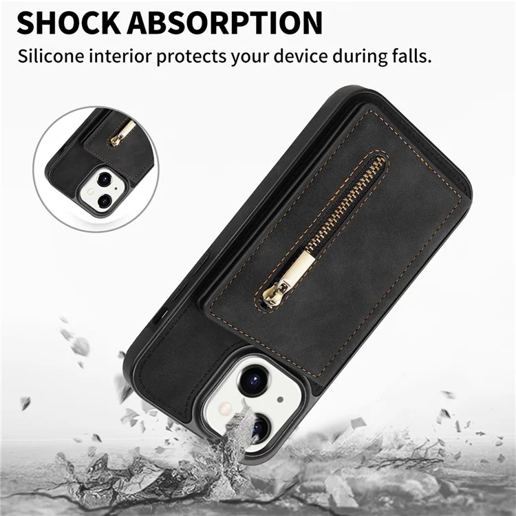 Para iPhone 15 Plus Zipper Pocket Leather Coated TPU Phone Case Wallet Phone Kickstand Cover - Preto