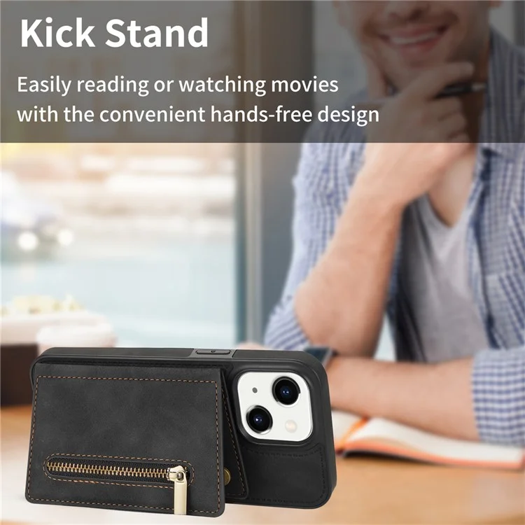 Para iPhone 15 Plus Zipper Pocket Leather Coated TPU Phone Case Wallet Phone Kickstand Cover - Preto