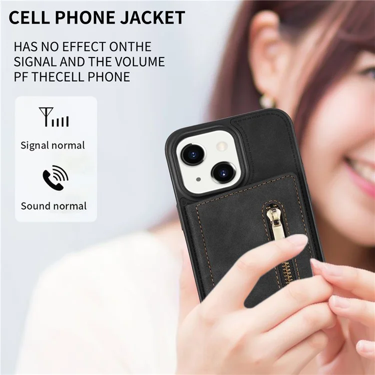 Para iPhone 15 Plus Zipper Pocket Leather Coated TPU Phone Case Wallet Phone Kickstand Cover - Preto