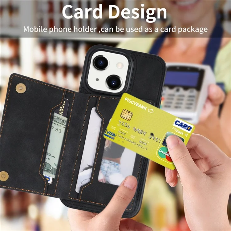 Para iPhone 15 Plus Zipper Pocket Leather Coated TPU Phone Case Wallet Phone Kickstand Cover - Preto
