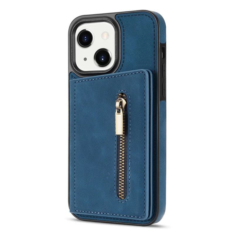 For iPhone 15 Plus Zipper Pocket Leather Coated TPU Phone Case Wallet Phone Kickstand Cover - Blue