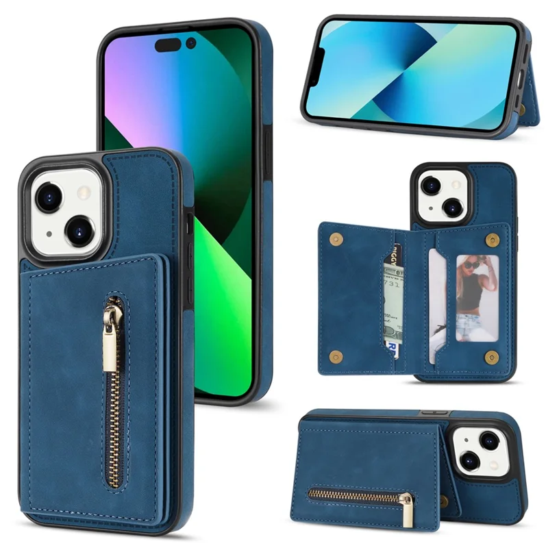 For iPhone 15 Plus Zipper Pocket Leather Coated TPU Phone Case Wallet Phone Kickstand Cover - Blue
