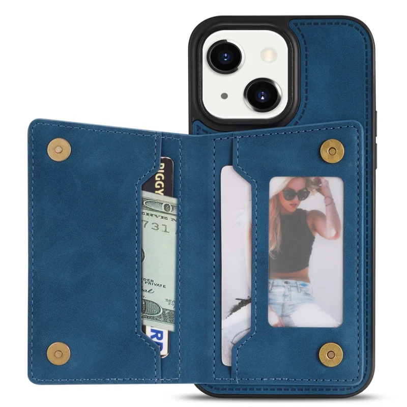 For iPhone 15 Plus Zipper Pocket Leather Coated TPU Phone Case Wallet Phone Kickstand Cover - Blue