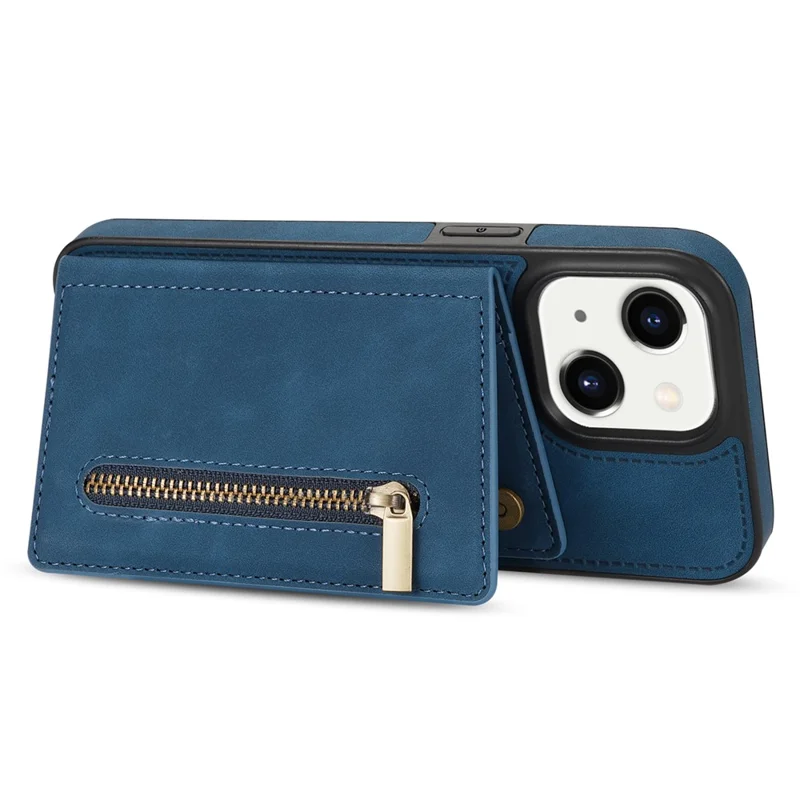 For iPhone 15 Plus Zipper Pocket Leather Coated TPU Phone Case Wallet Phone Kickstand Cover - Blue