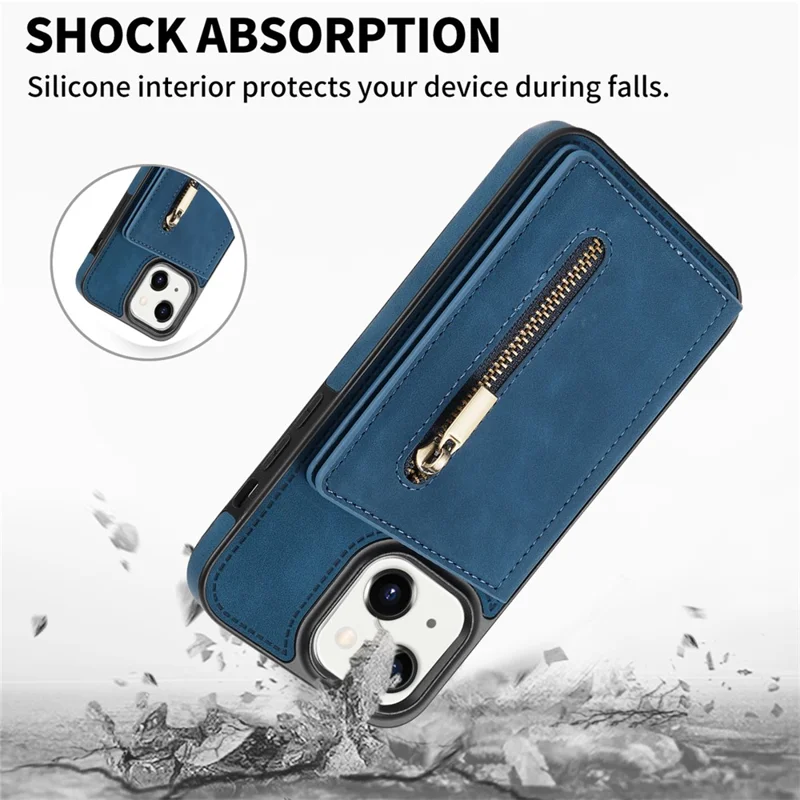 For iPhone 15 Plus Zipper Pocket Leather Coated TPU Phone Case Wallet Phone Kickstand Cover - Blue