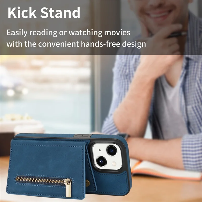 For iPhone 15 Plus Zipper Pocket Leather Coated TPU Phone Case Wallet Phone Kickstand Cover - Blue