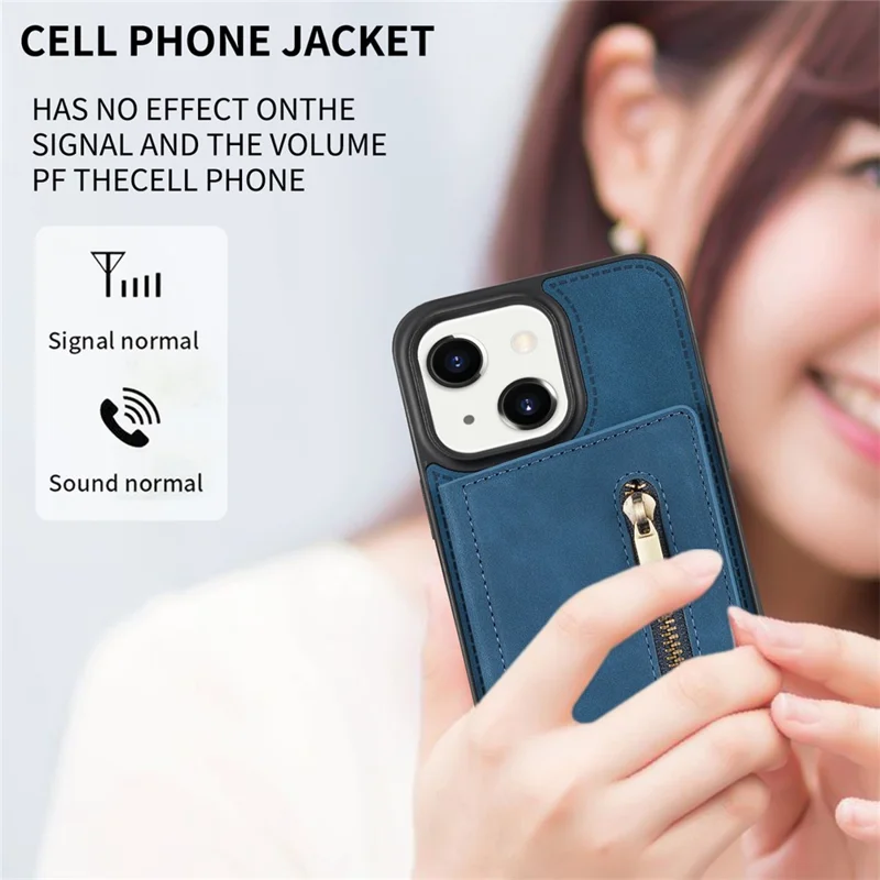 For iPhone 15 Plus Zipper Pocket Leather Coated TPU Phone Case Wallet Phone Kickstand Cover - Blue
