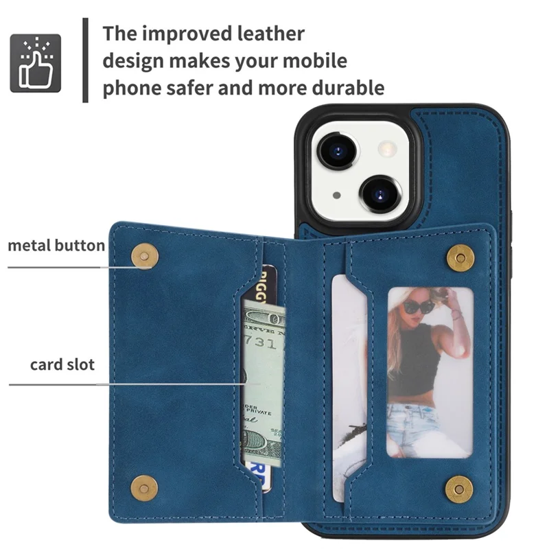 For iPhone 15 Plus Zipper Pocket Leather Coated TPU Phone Case Wallet Phone Kickstand Cover - Blue