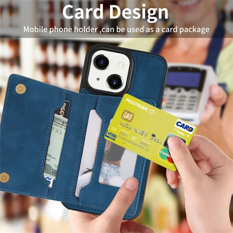 For iPhone 15 Plus Zipper Pocket Leather Coated TPU Phone Case Wallet Phone Kickstand Cover - Blue