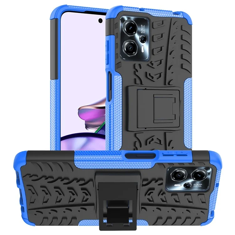 Para Motorola Moto G13 4G / G23 4G / G53 5G Kickstand Phone Case PC+TPU Tyre Pattern Phone Cover - Azul