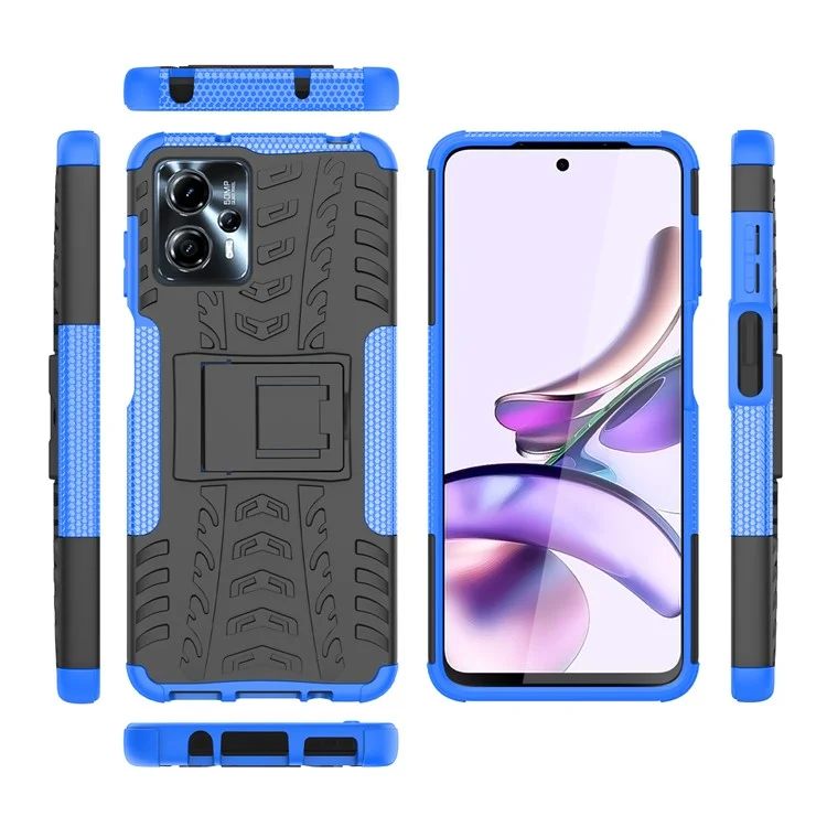 Para Motorola Moto G13 4G / G23 4G / G53 5G Kickstand Phone Case PC+TPU Tyre Pattern Phone Cover - Azul